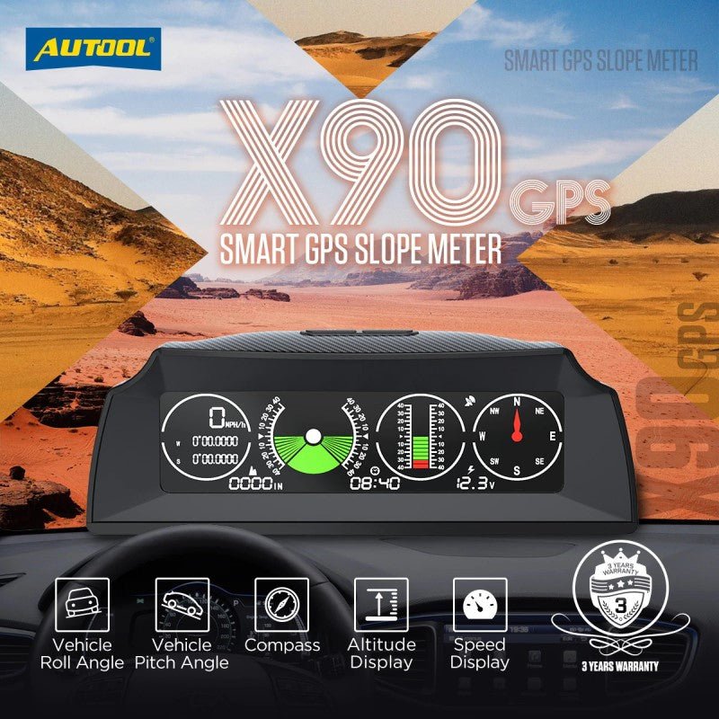 AUTOOL X90 GPS/OBD2 Slope Meter Inclinometer Car Compass HUD Pitch Tilt